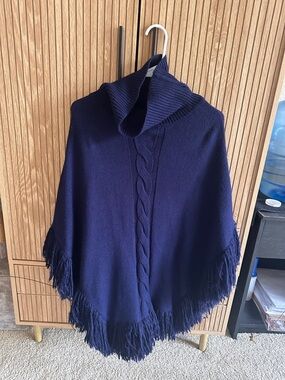 Women's Navy Fringe Cable-Knit Poncho